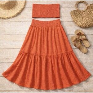 Billabong Orange Smocked Tube Top & Tiered Maxi Skirt Set Large Beach Resort